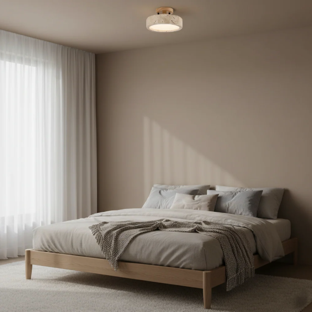 Round Travertine LED Ceiling Light – Japandi – view 2 | BROKLEN