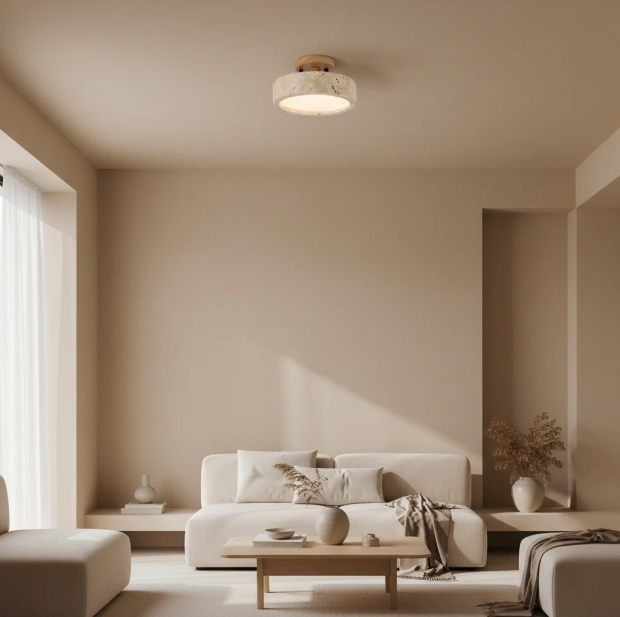 Round Travertine LED Ceiling Light – Japandi – view 4 | BROKLEN