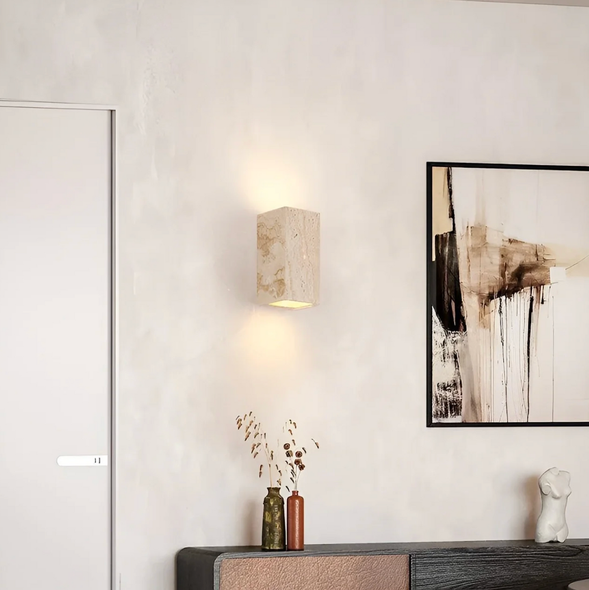 Natural Travertine Cube Wall Sconce – view 3 | BROKLEN