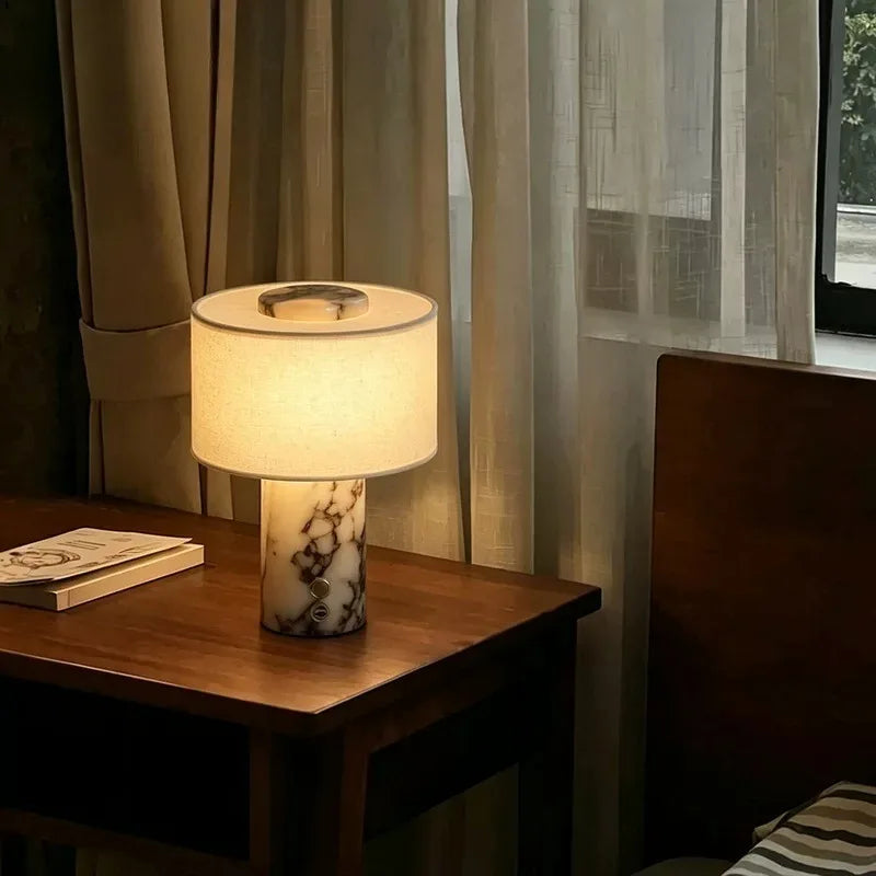 Cordless Travertine and Linen Bedside Lamp, USB-C Rechargeable – view 9 | BROKLEN