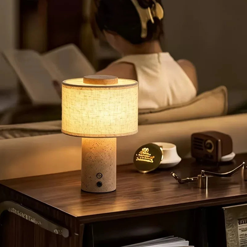 Cordless Travertine and Linen Bedside Lamp, USB-C Rechargeable – view 10 | BROKLEN