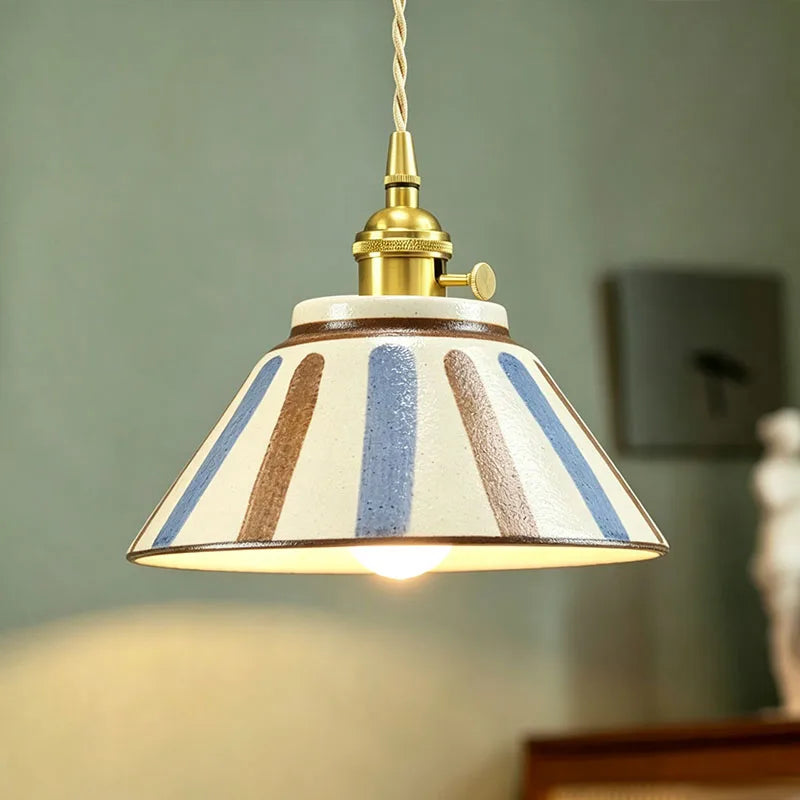 Hand-Painted Ceramic Pendant Light, Blue and Terracotta Stripes – view 8 | BROKLEN
