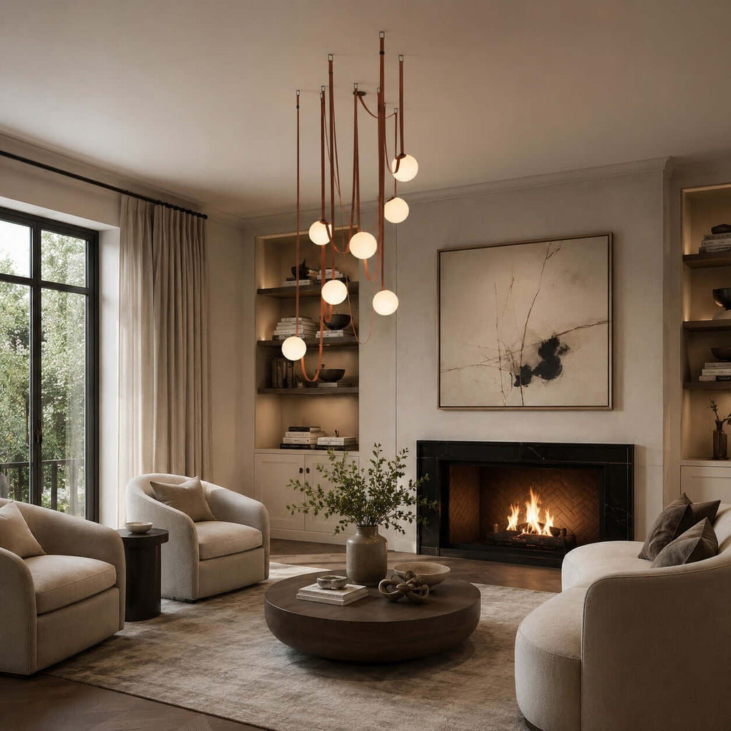 Cascading Glass Globe Chandelier with Leather Straps – view 5 | BROKLEN
