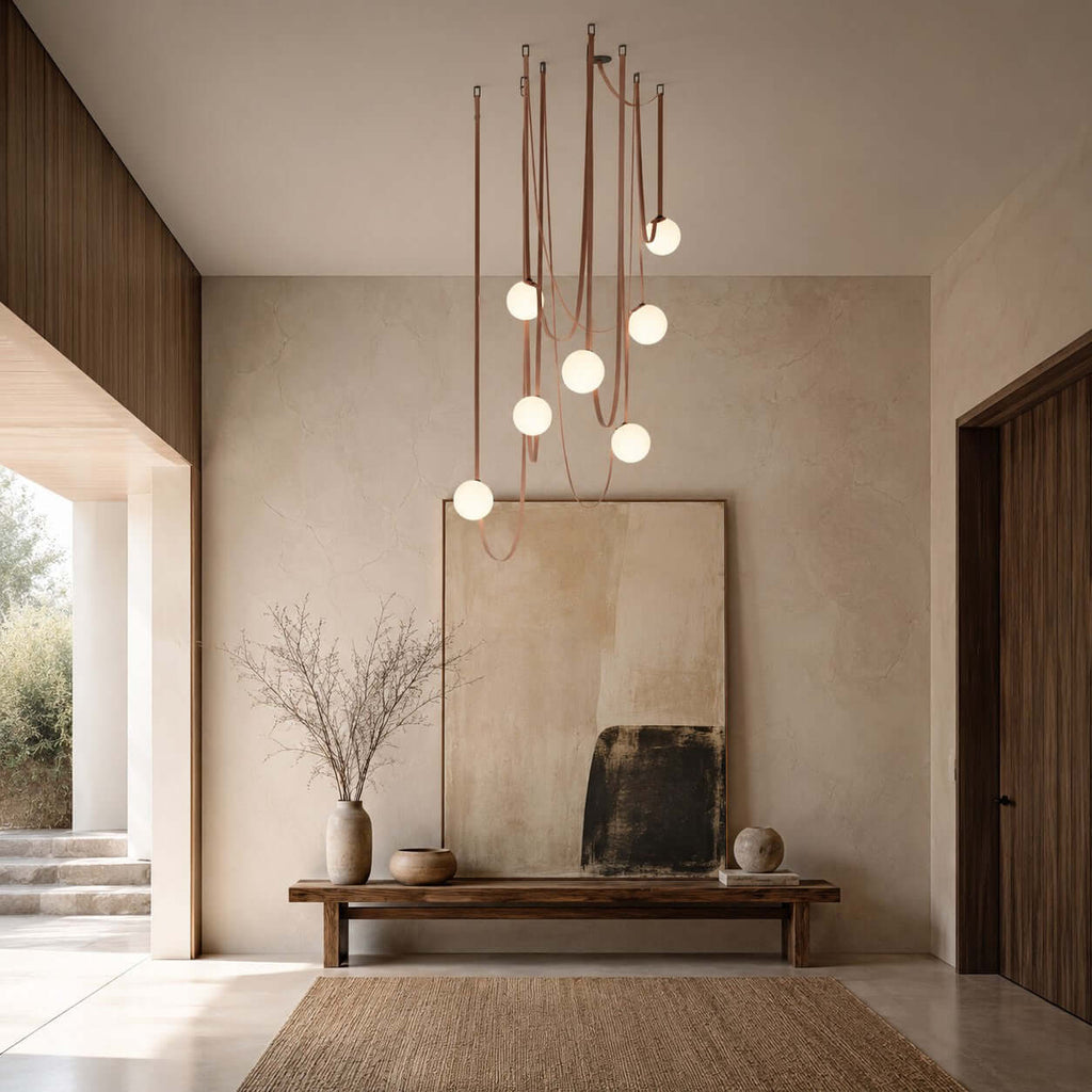 Cascading Glass Globe Chandelier with Leather Straps – view 2 | BROKLEN