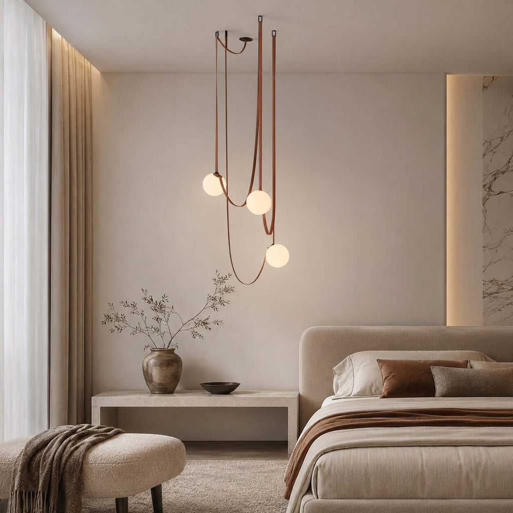 Cascading Glass Globe Chandelier with Leather Straps – view 7 | BROKLEN