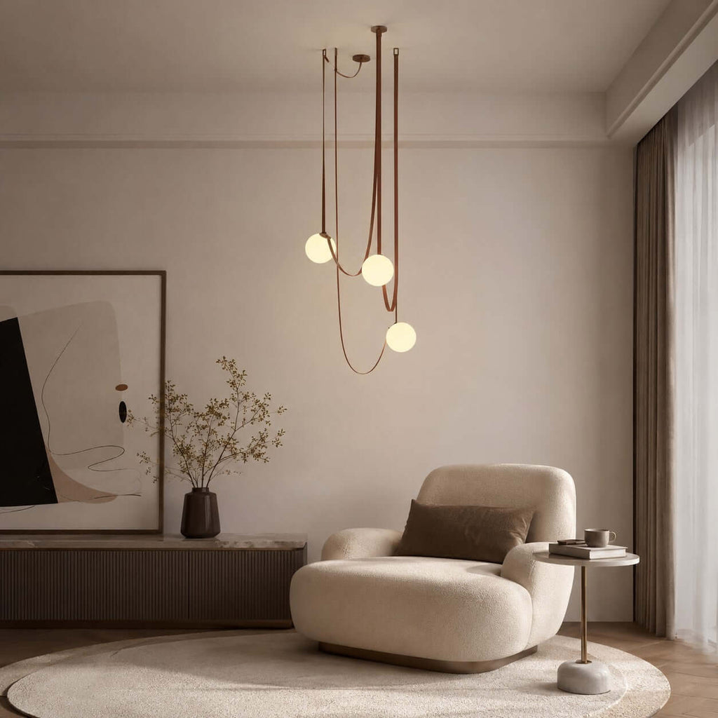 Cascading Glass Globe Chandelier with Leather Straps – view 8 | BROKLEN