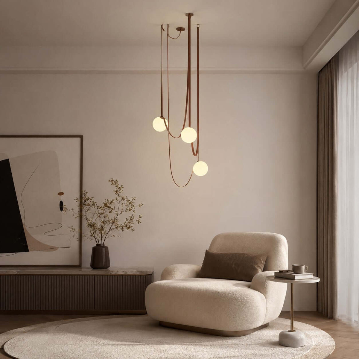 Cascading Glass Globe Chandelier with Leather Straps – view 8 | BROKLEN