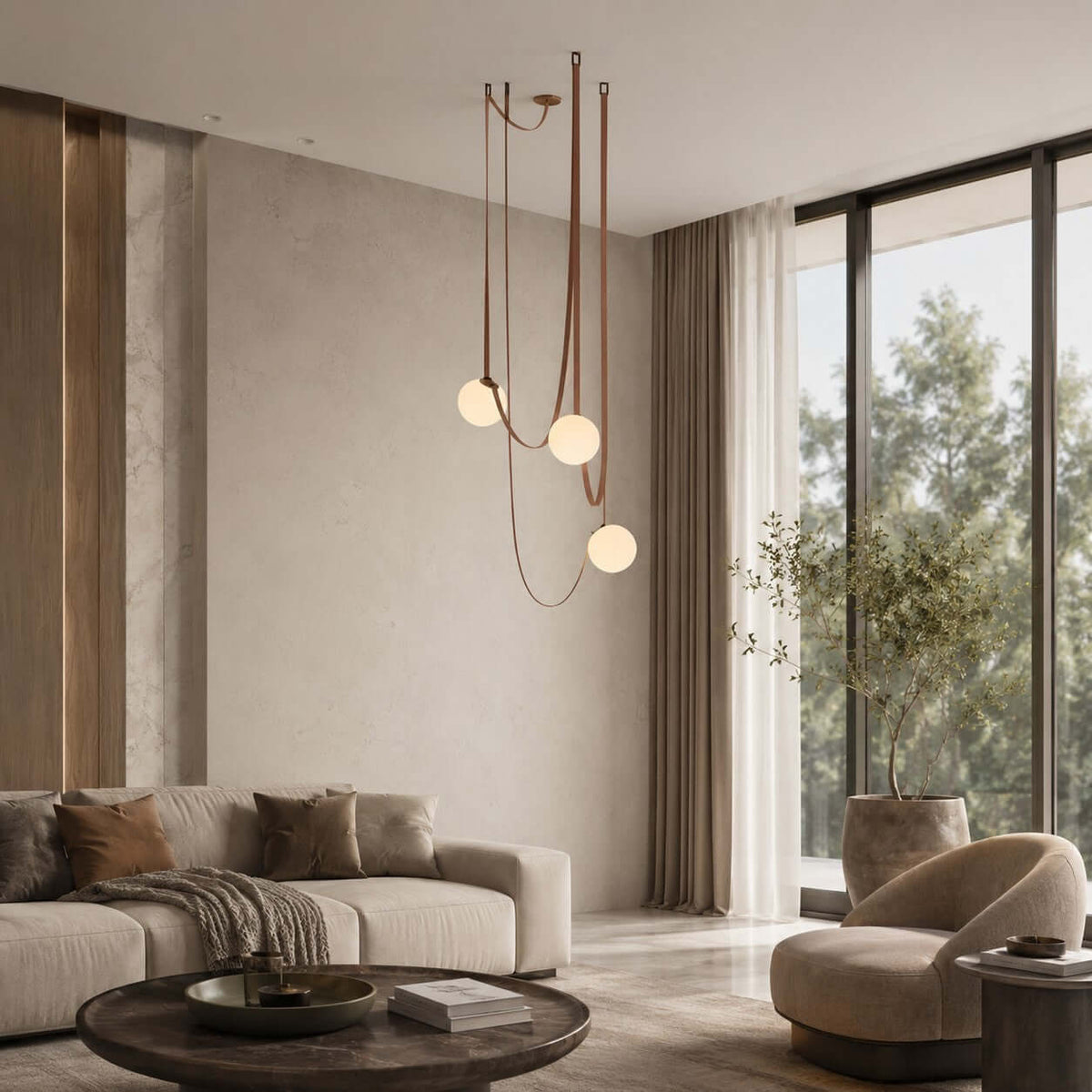 Cascading Glass Globe Chandelier with Leather Straps – view 12 | BROKLEN