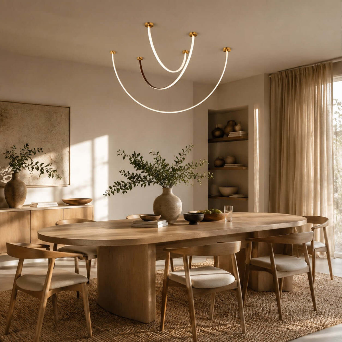 Curved Linear LED Chandelier with Leather Accents – view 4 | BROKLEN