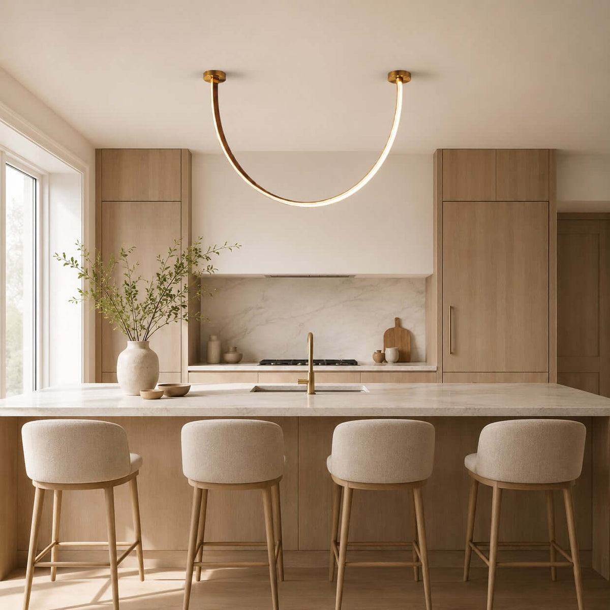 Curved Linear LED Chandelier with Leather Accents – view 5 | BROKLEN