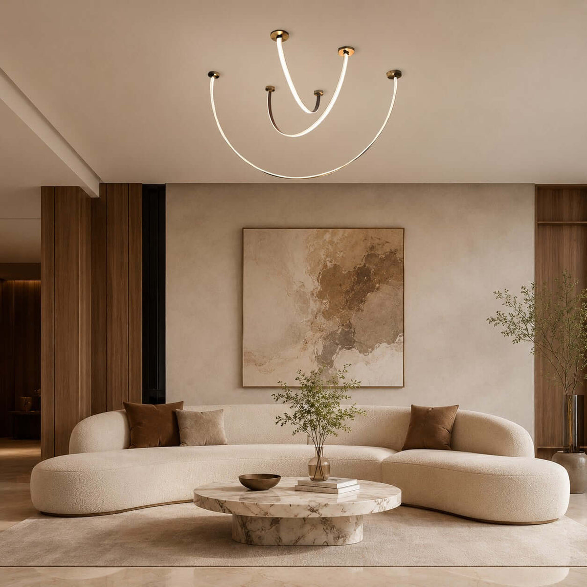 Curved Linear LED Chandelier with Leather Accents – view 3 | BROKLEN