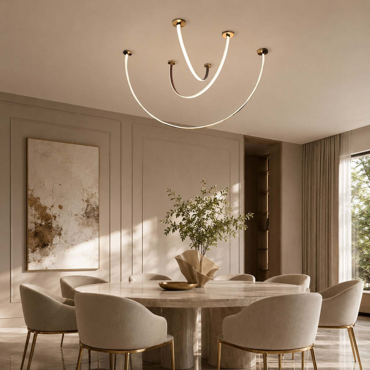 Curved Linear LED Chandelier with Leather Accents – view 2 | BROKLEN