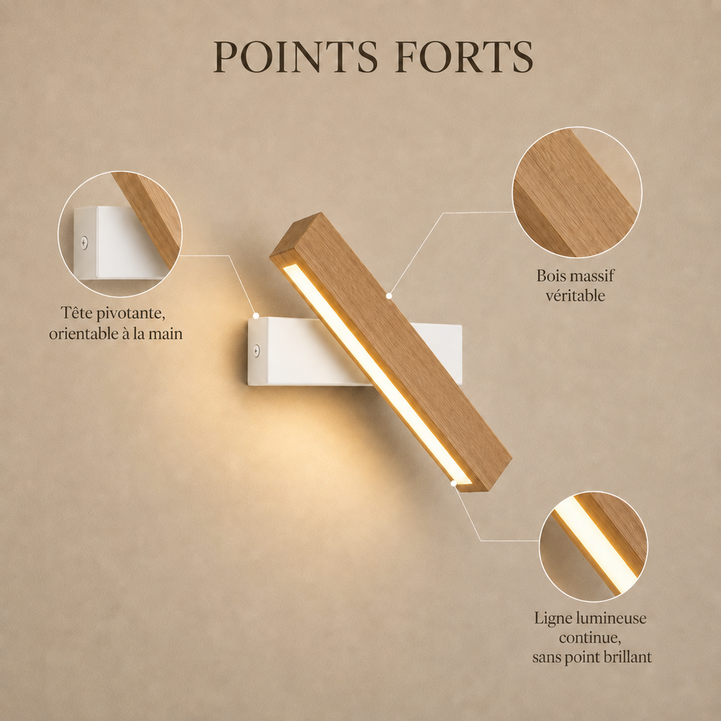 Solid Wood LED Reading Wall Light, Pivoting Head – view 32 | BROKLEN