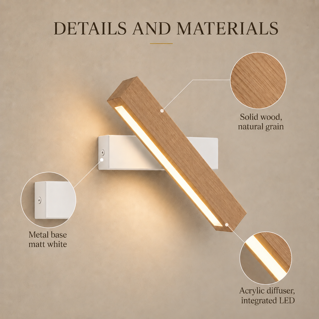 Solid Wood LED Reading Wall Light, Pivoting Head – view 45 | BROKLEN
