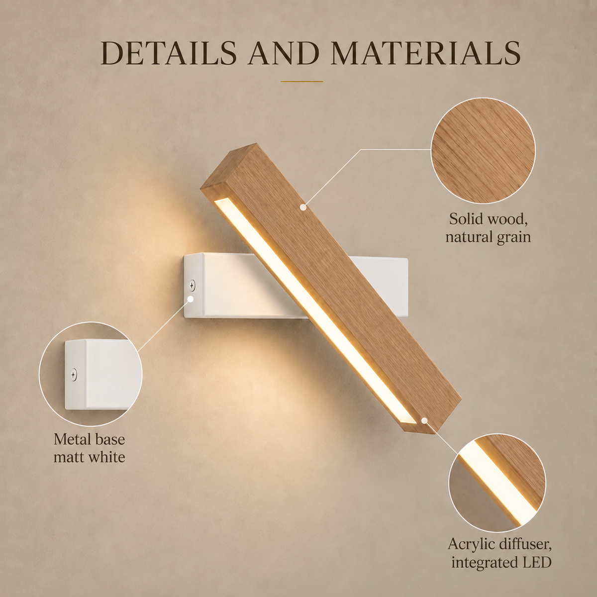 Solid Wood LED Reading Wall Light, Pivoting Head – view 45 | BROKLEN