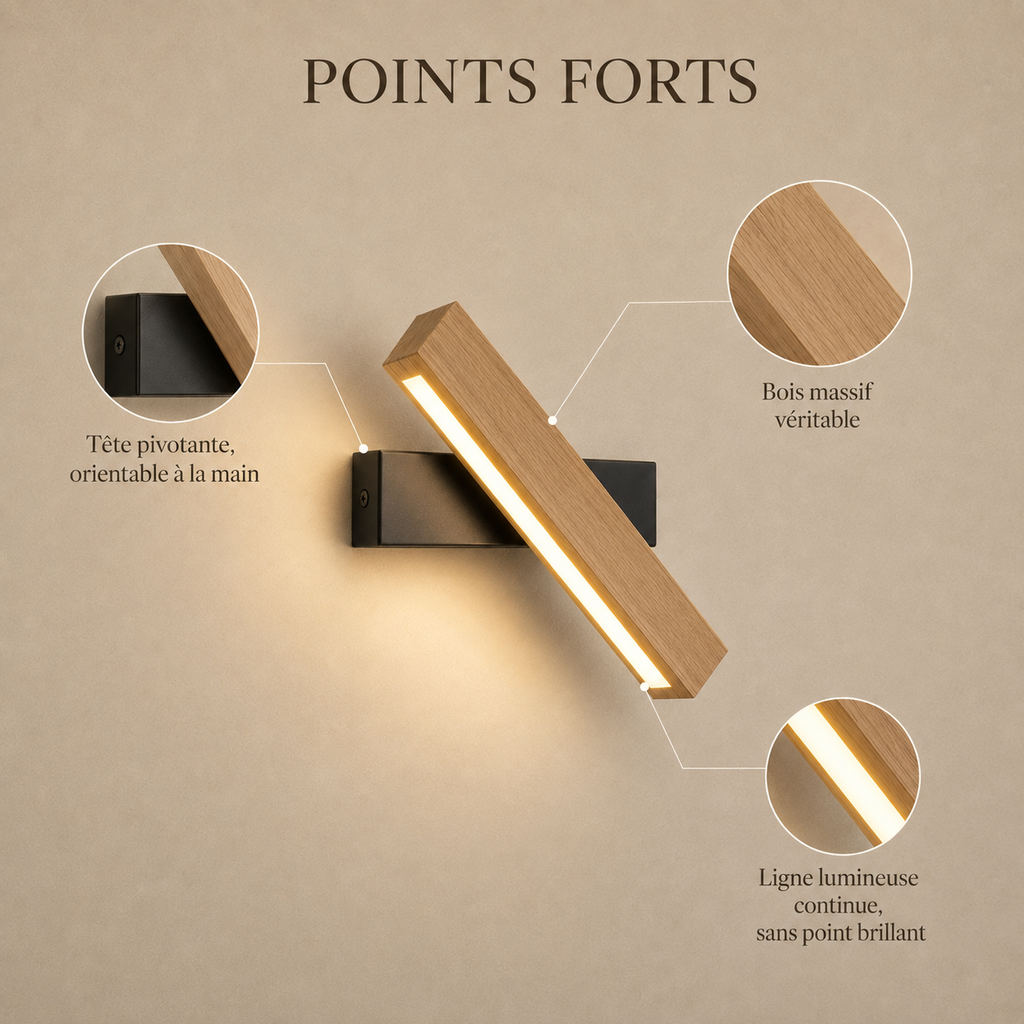 Solid Wood LED Reading Wall Light, Pivoting Head – view 7 | BROKLEN