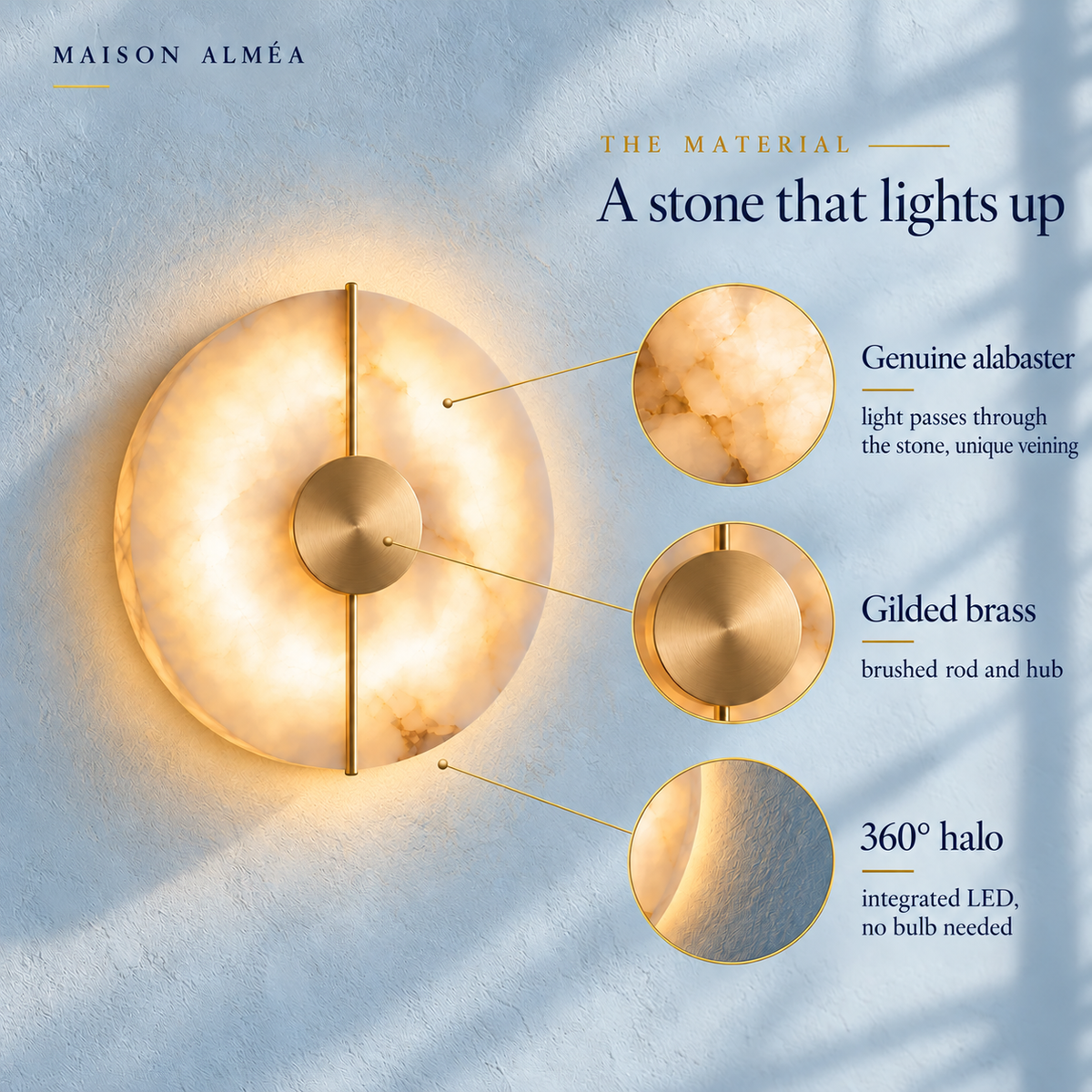 Alabaster Marble Disc Wall Light, 360° Halo – view 20 | BROKLEN