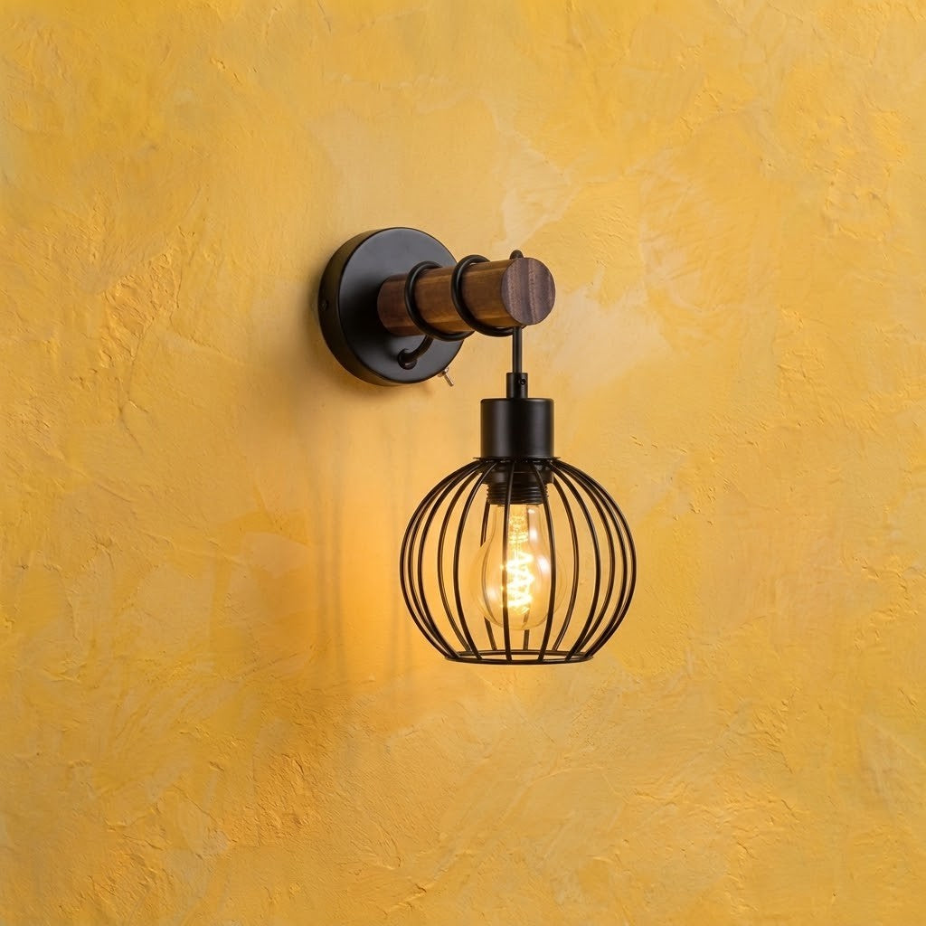 Industrial Wood Wall Light with Wire Cage and On/Off Switch