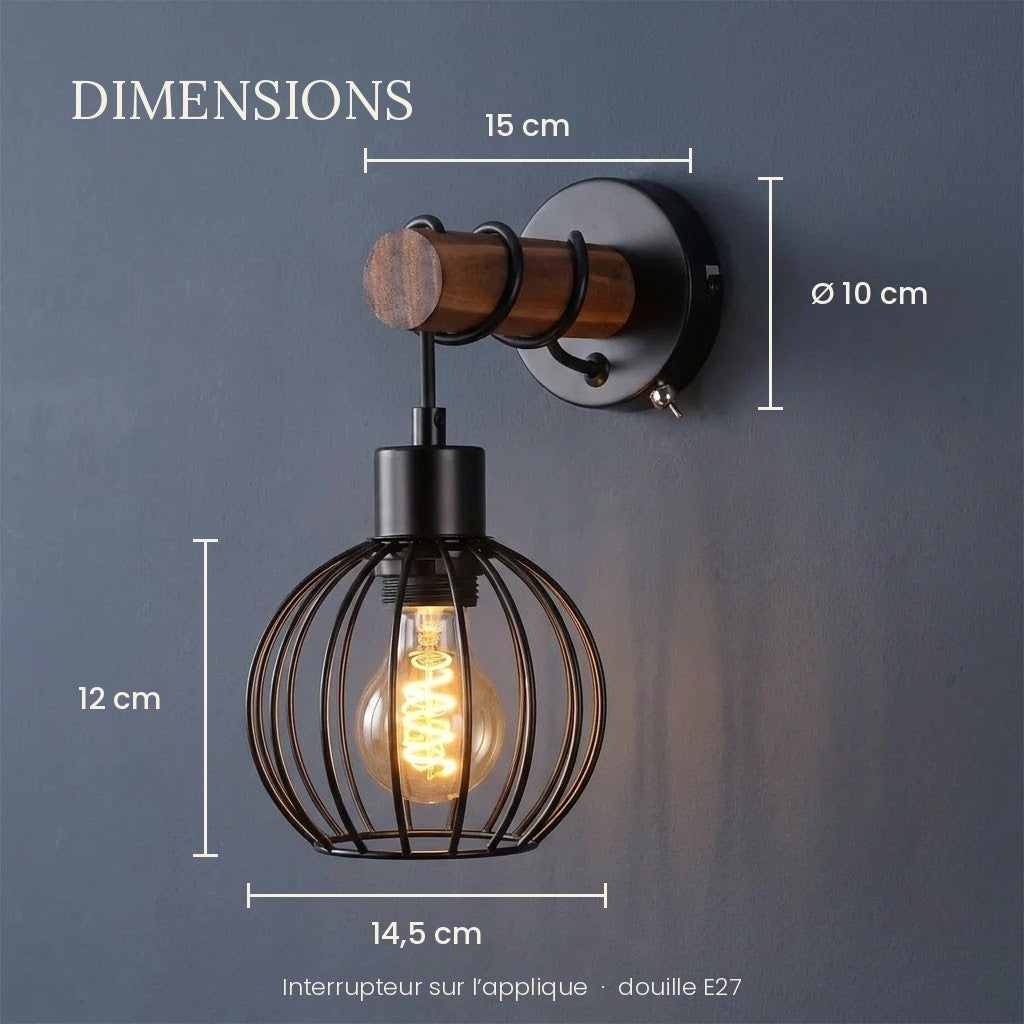Industrial Wood Wall Light with Wire Cage and On/Off Switch – view 5 | BROKLEN