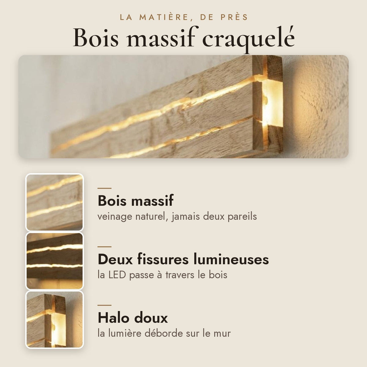Wooden LED Wall Light with Crackle Light Line, Nordic Style – view 3 | BROKLEN