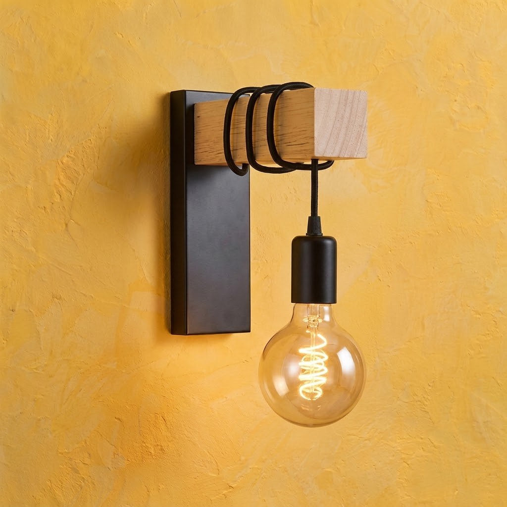 Vintage Wood Wall Light with Exposed Bulb, E27