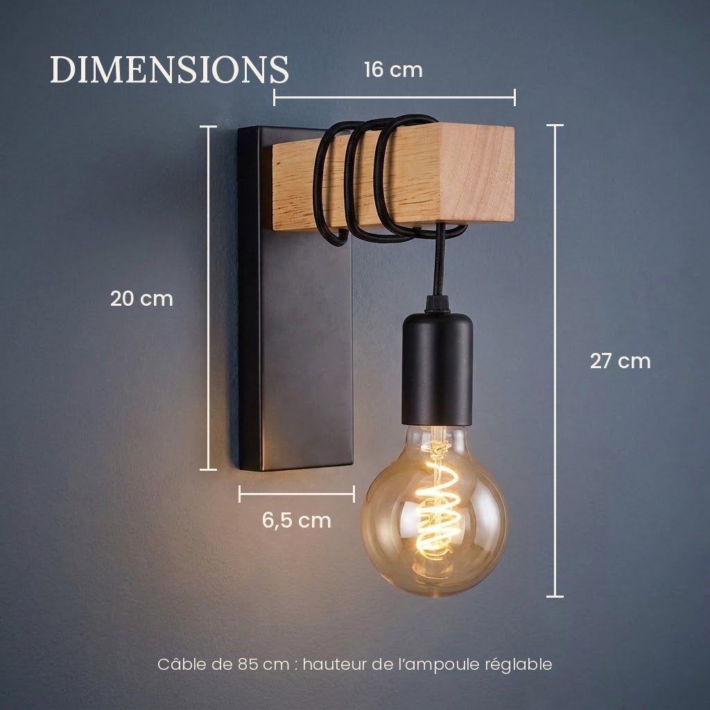 Vintage Wood Wall Light with Exposed Bulb, E27 – view 4 | BROKLEN