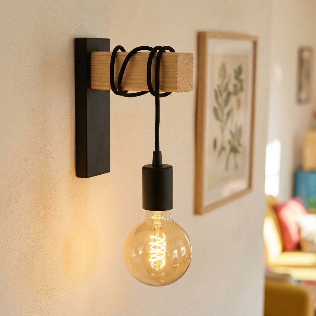 Vintage Wood Wall Light with Exposed Bulb, E27 – view 12 | BROKLEN