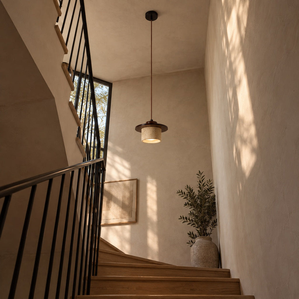 Travertine Pendant Light with Wooden Disc, Ø 20 cm – view 16 | BROKLEN