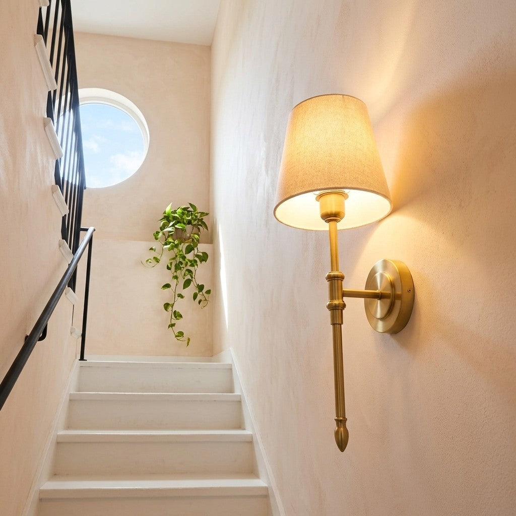 Gold Wall Light with Fabric Shade, Country Style – view 8 | BROKLEN