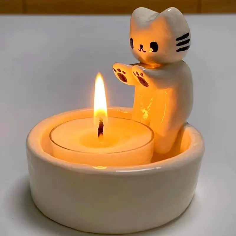 Cat Tealight Candle Holder with Round Dish