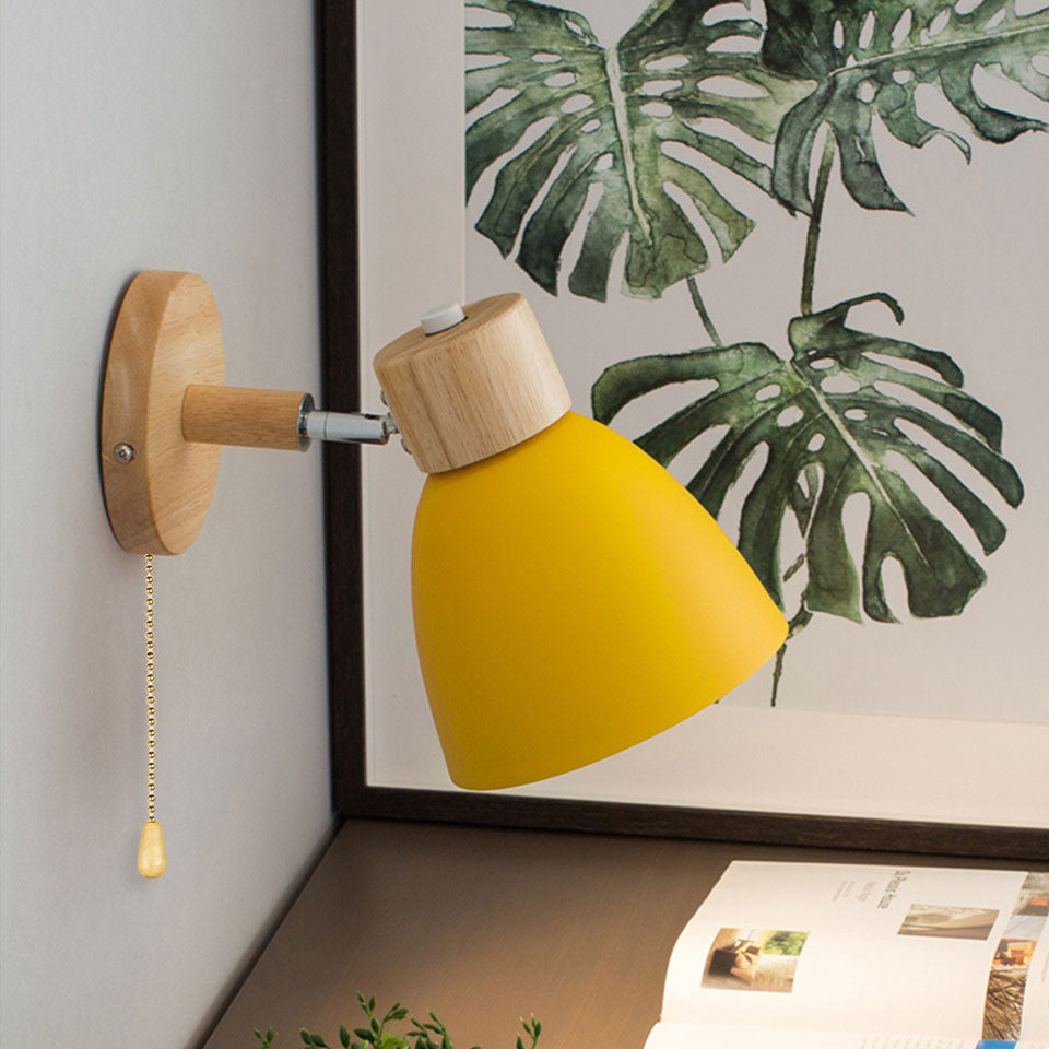 Wall Light with Wooden Mount and Metal Cone Shade