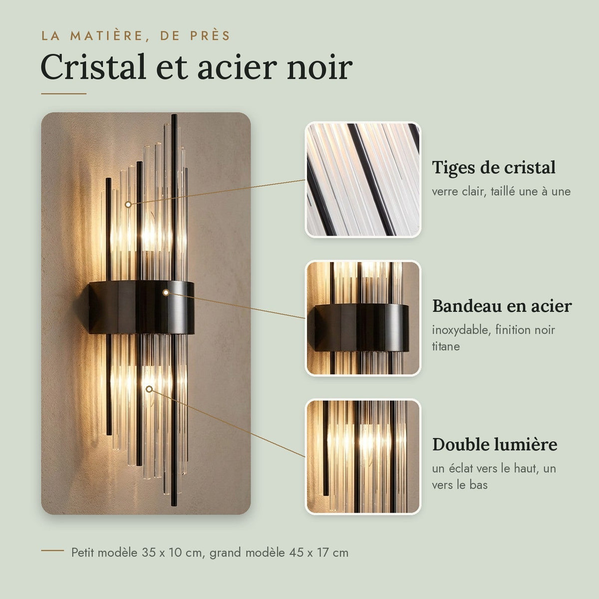 Steel and Crystal 2-Light Wall Light, Modern Design – view 3 | BROKLEN