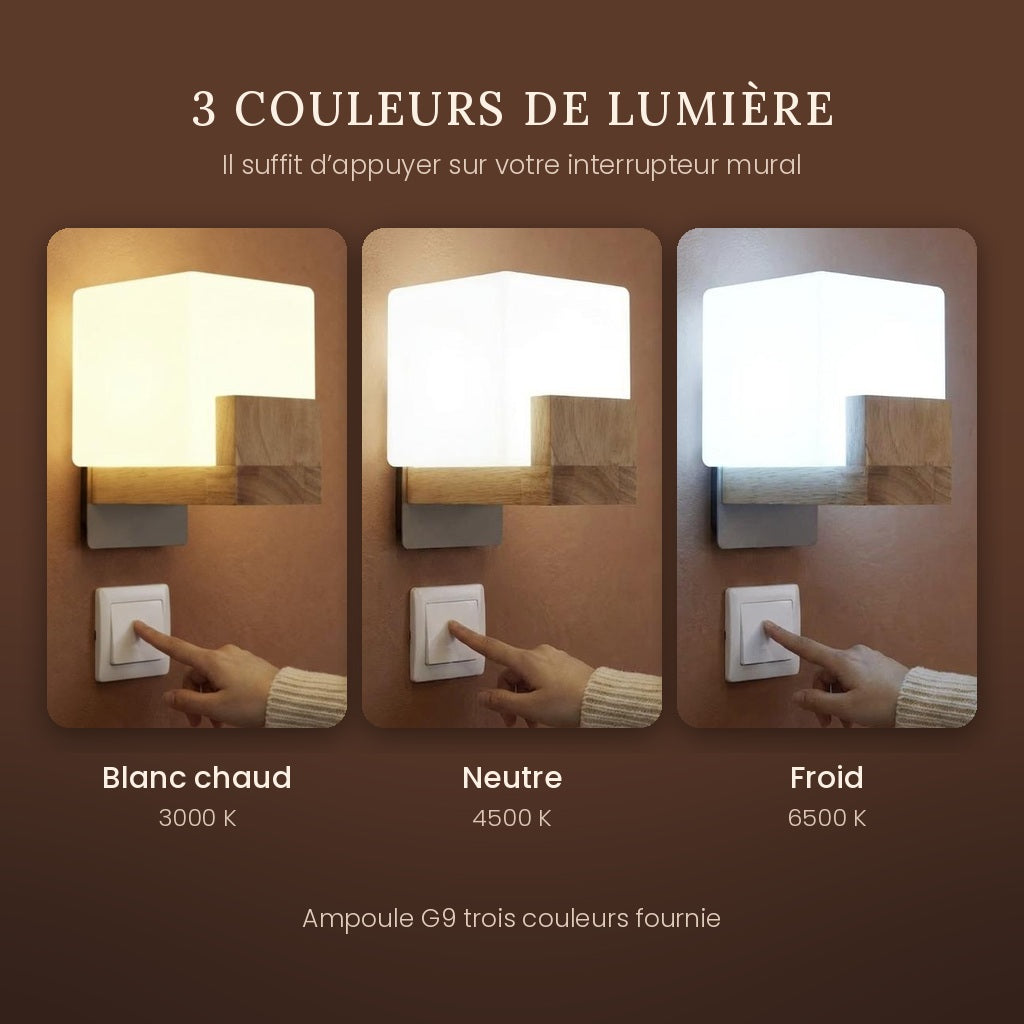 Square Wood and Opal Glass Wall Light, G9, 3 Colour Temperatures – view 3 | BROKLEN