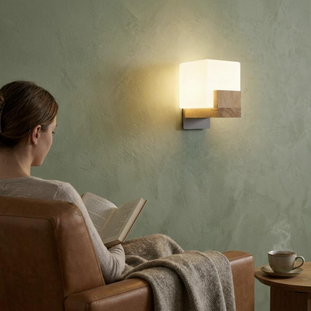 Square Wood and Opal Glass Wall Light, G9, 3 Colour Temperatures – view 4 | BROKLEN