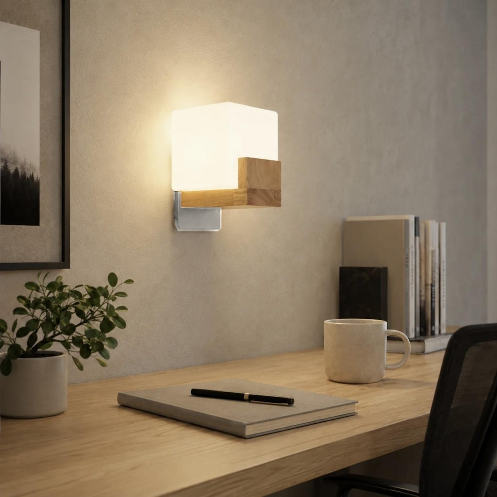 Square Wood and Opal Glass Wall Light, G9, 3 Colour Temperatures – view 5 | BROKLEN