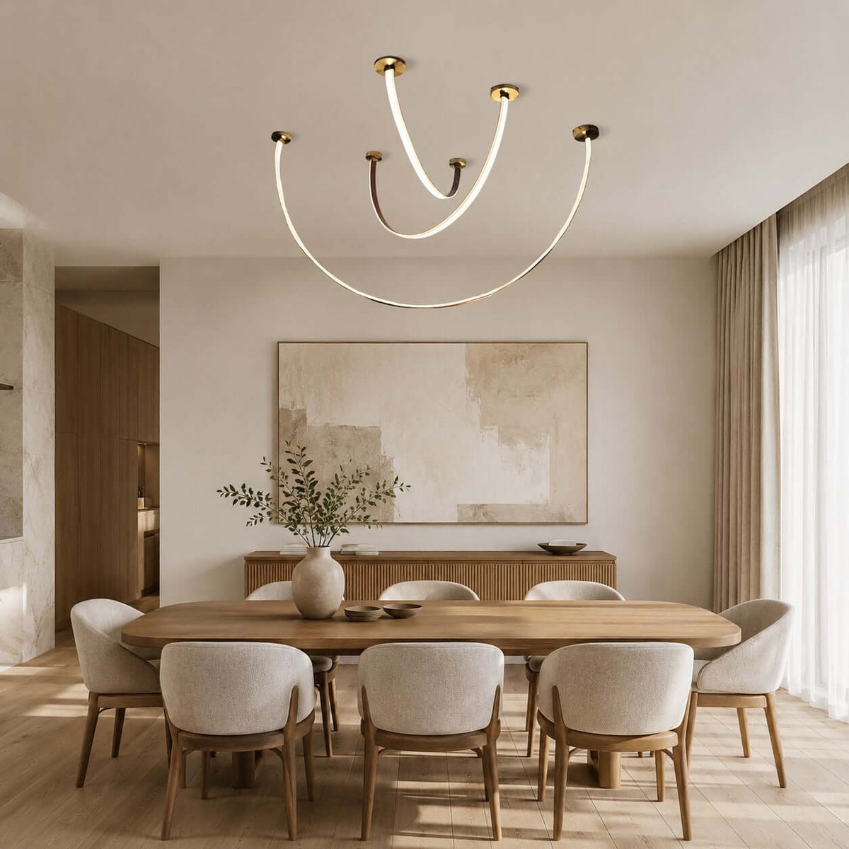 Curved Linear LED Chandelier with Leather Detail