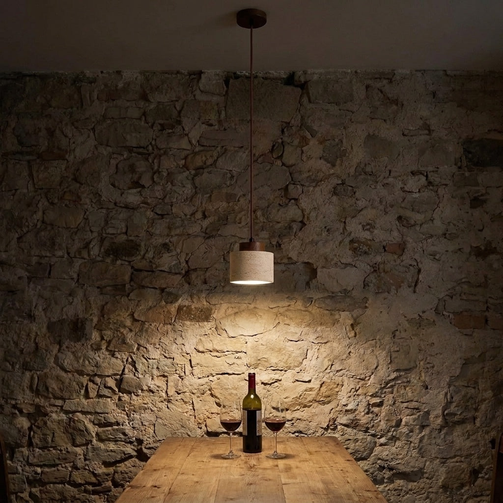 Cylindrical Travertine Pendant Light with Walnut Ceiling Rose – view 11 | BROKLEN