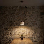 Cylindrical Travertine Pendant Light with Walnut Ceiling Rose – view 11 | BROKLEN