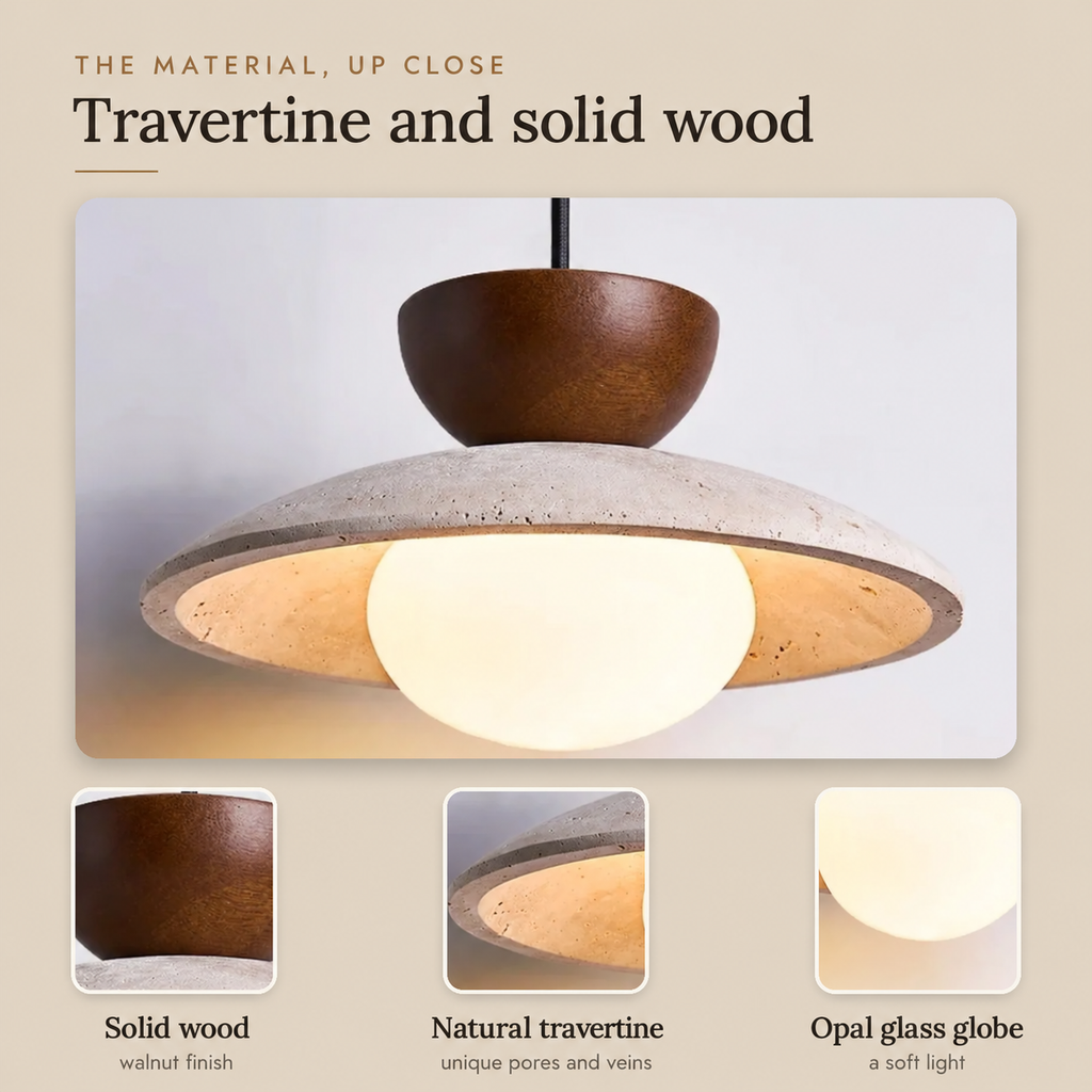 Travertine and Wood Disc Pendant Light, Ø 21 cm – view 5 | BROKLEN
