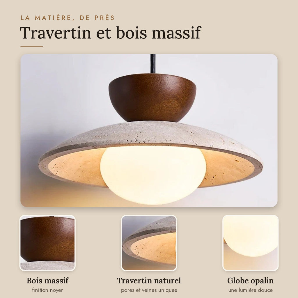 Travertine and Wood Disc Pendant Light, Ø 21 cm – view 3 | BROKLEN