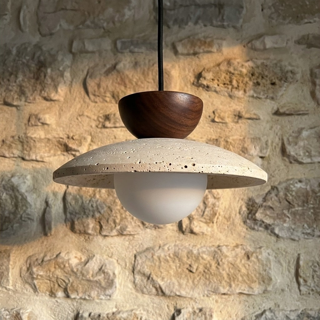 Travertine and Wood Disc Pendant Light, Ø 21 cm – view 10 | BROKLEN