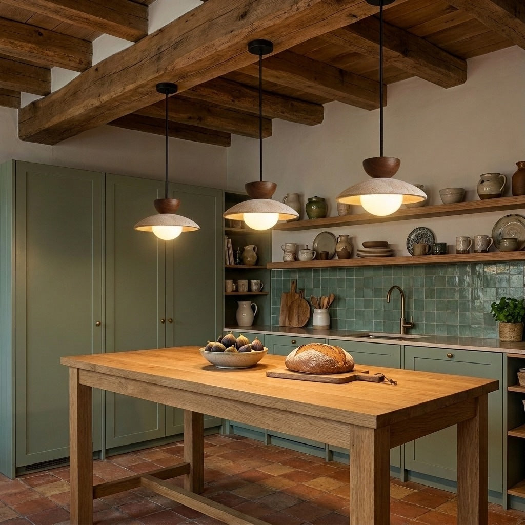 Travertine and Wood Disc Pendant Light, Ø 21 cm – view 11 | BROKLEN