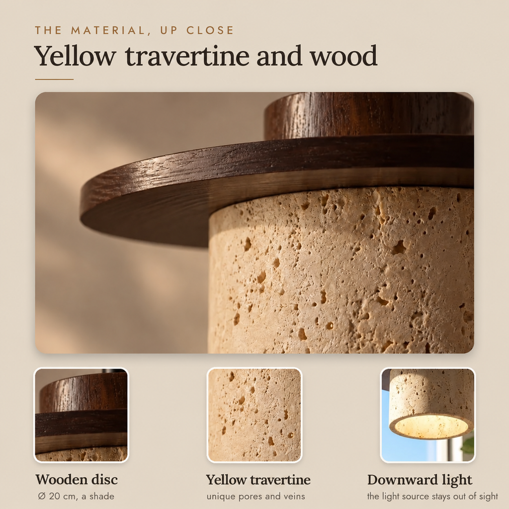 Travertine Pendant Light with Wooden Disc, Ø 20 cm – view 5 | BROKLEN