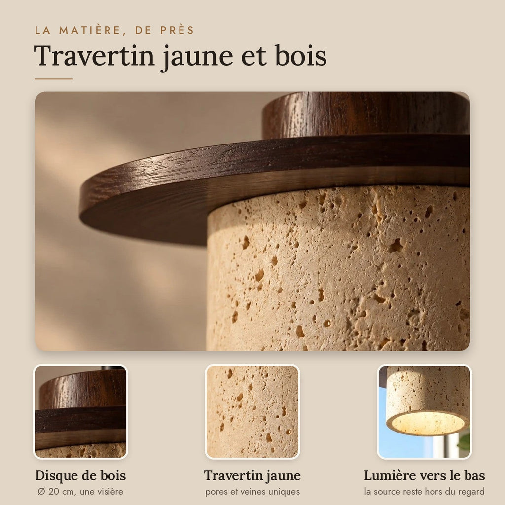 Travertine Pendant Light with Wooden Disc, Ø 20 cm – view 3 | BROKLEN