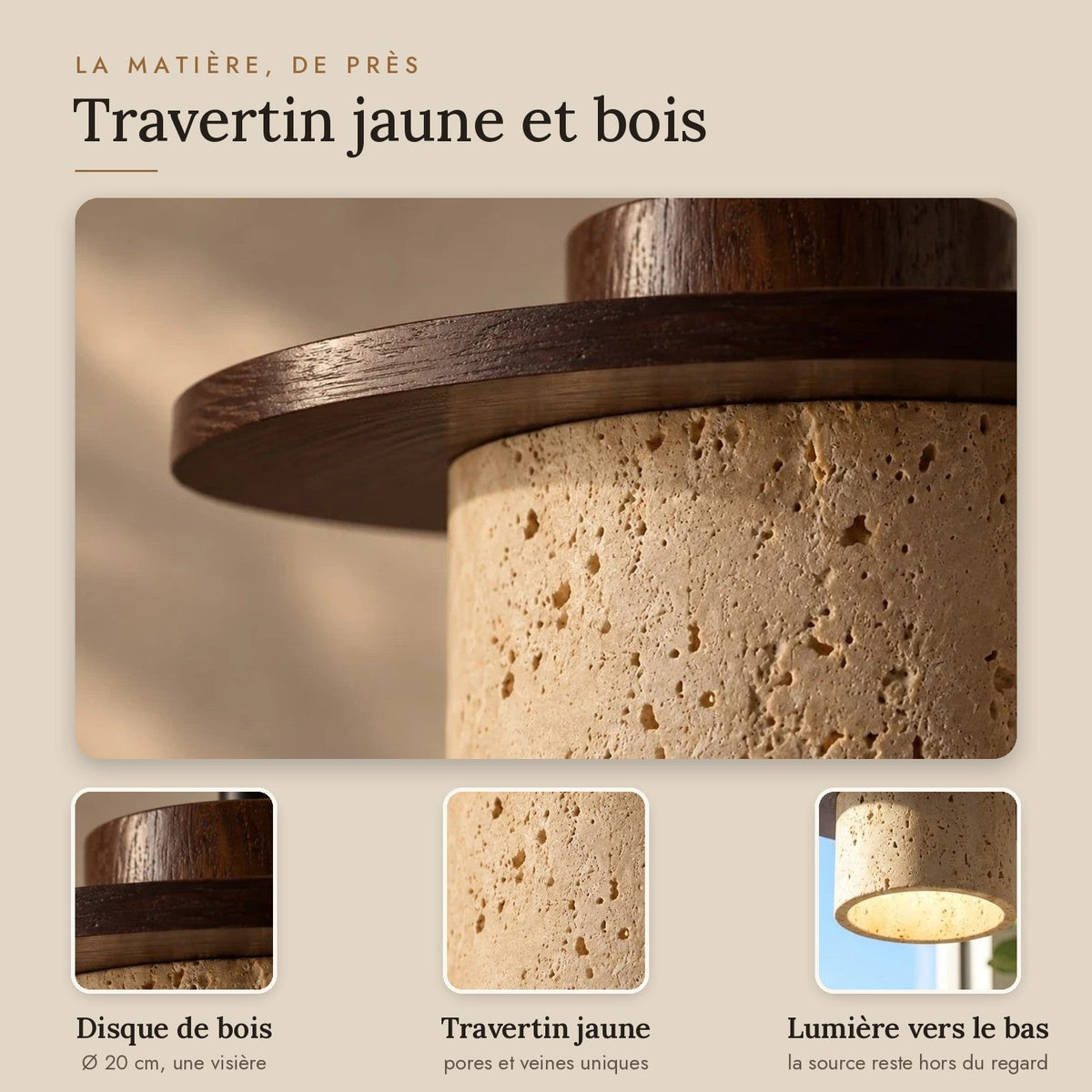 Travertine Pendant Light with Wooden Disc, Ø 20 cm – view 3 | BROKLEN