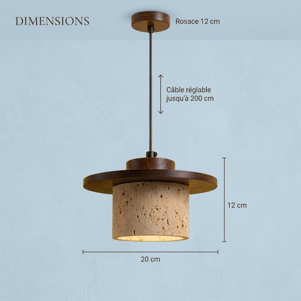Travertine Pendant Light with Wooden Disc, Ø 20 cm – view 8 | BROKLEN