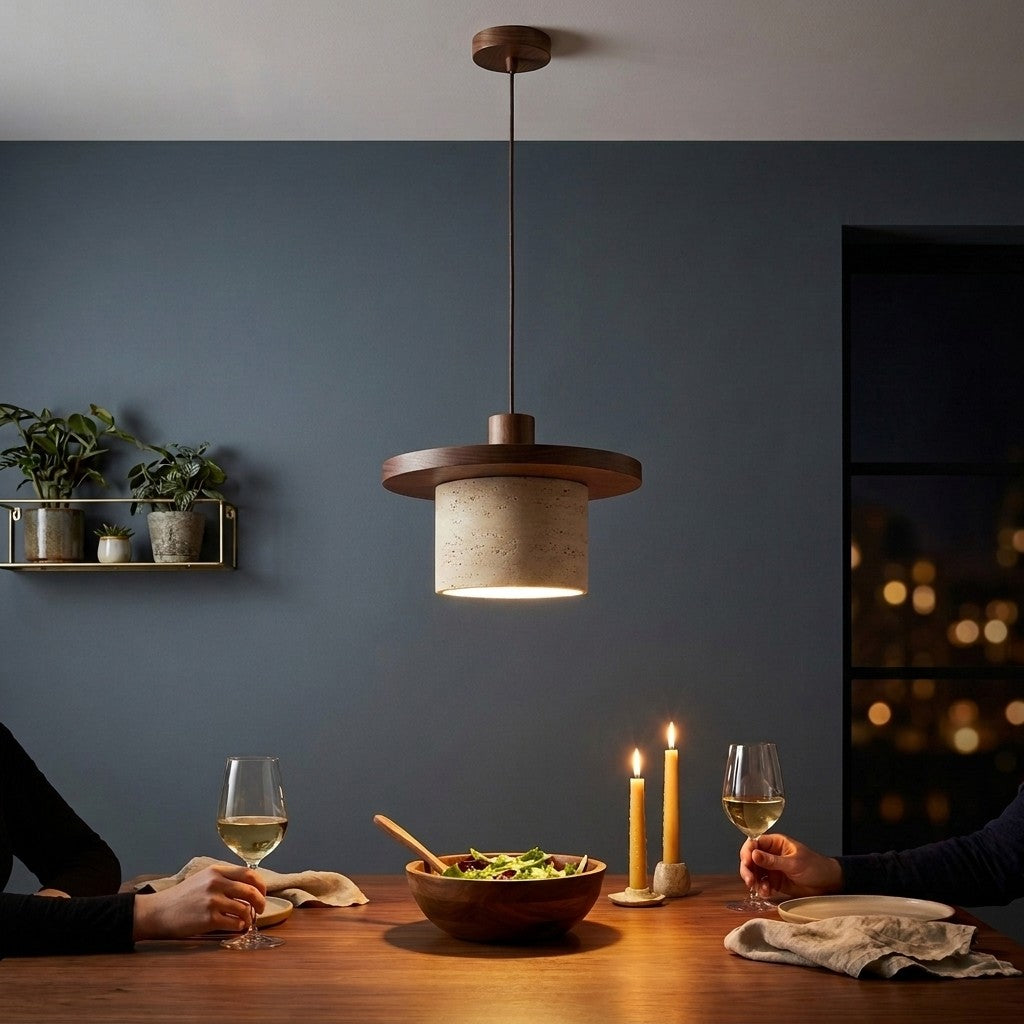 Travertine Pendant Light with Wooden Disc, Ø 20 cm – view 13 | BROKLEN