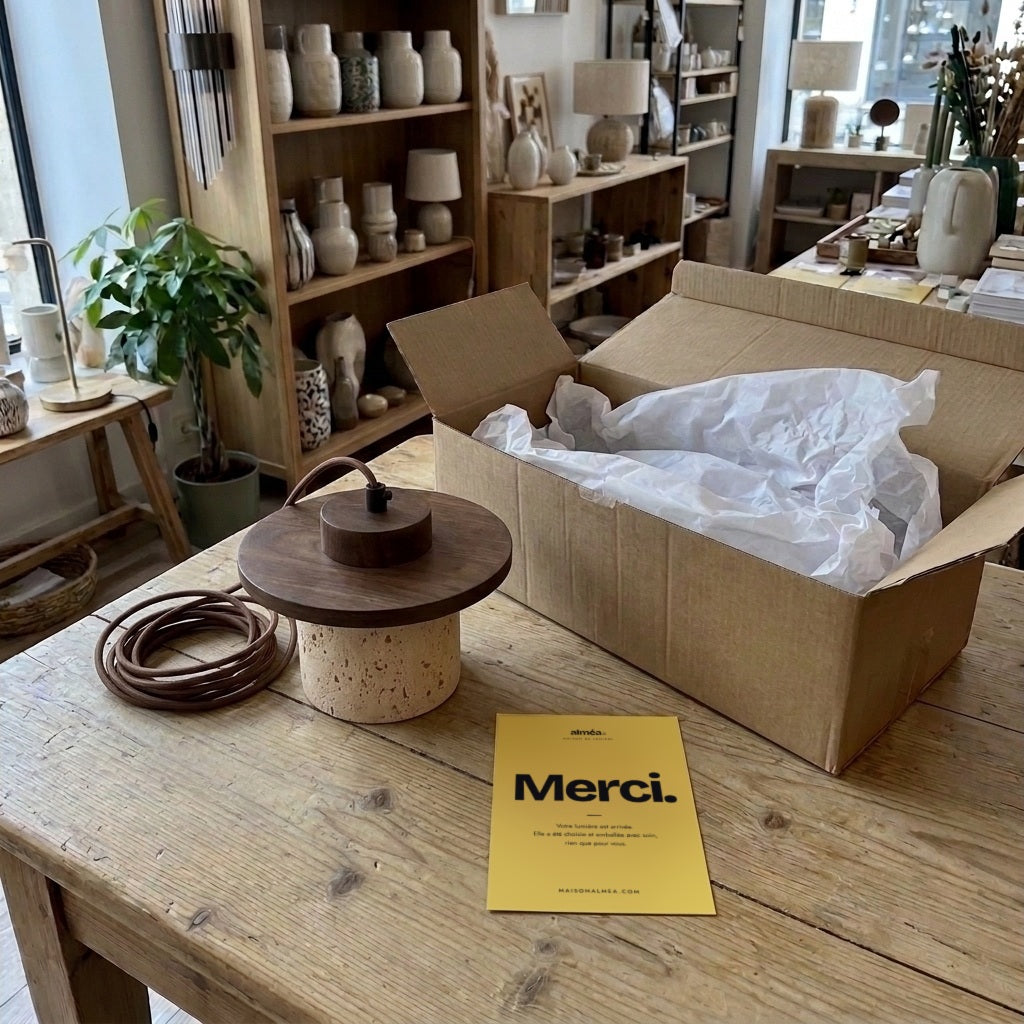 Travertine Pendant Light with Wooden Disc, Ø 20 cm – view 7 | BROKLEN
