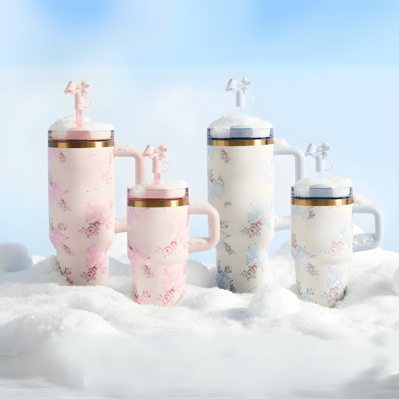 Floral Pattern Insulated Tumbler With Handle Side View - Broklen