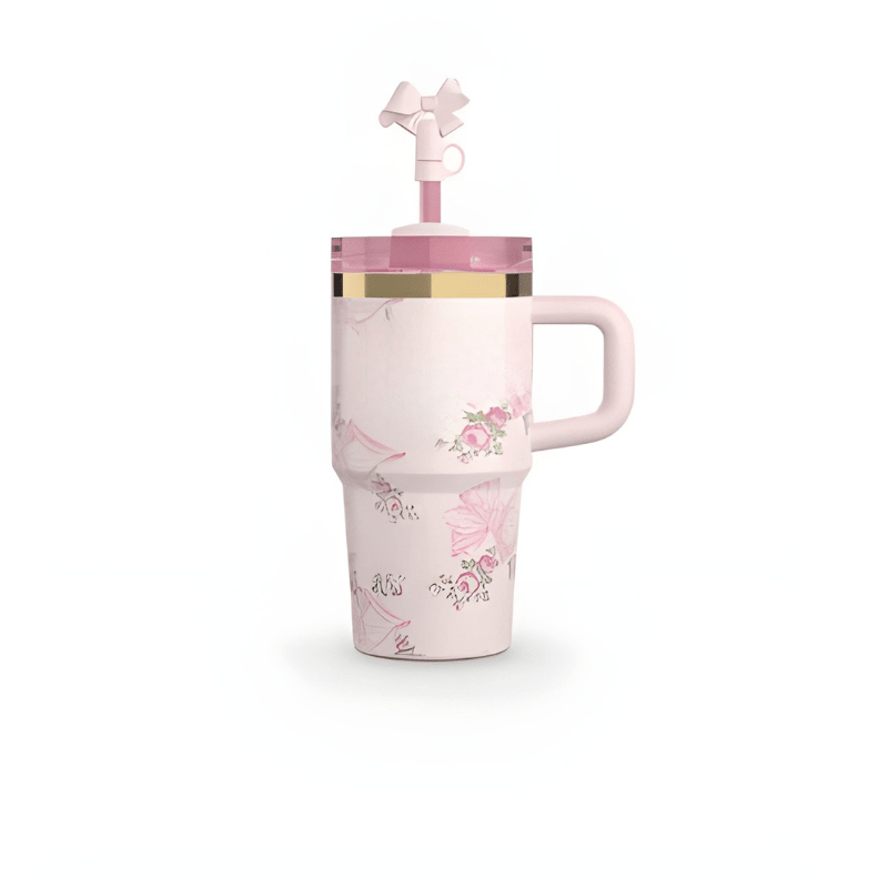 Floral Pattern Insulated Tumbler With Handle Top View - Broklen